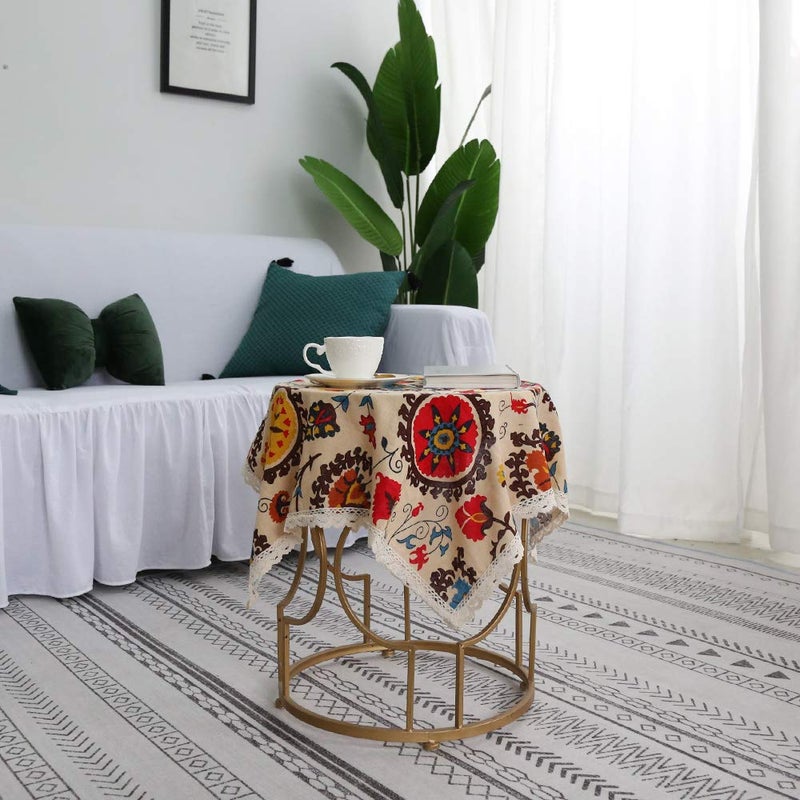 Aothpher Modern Boho Floral Jacquard Washable Tablecloths with Lace for Dining Table, 35x35 Inches - Image 2